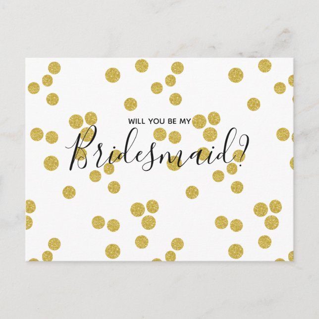 Wedding Bridesmaid | Gold Confetti Script Postcard (Front)