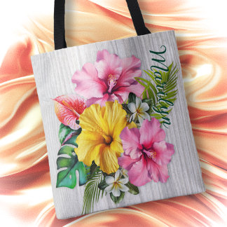 Wedding Bridesmaid Hibiscus Flowers Personalized Tote Bag