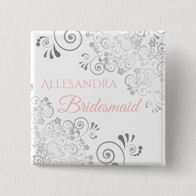 Wedding Bridesmaid Name Tag Pink & Gray Button (Front)