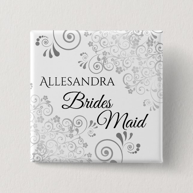Wedding Bridesmaid Name Tag Silver Curly Frills Button (Front)