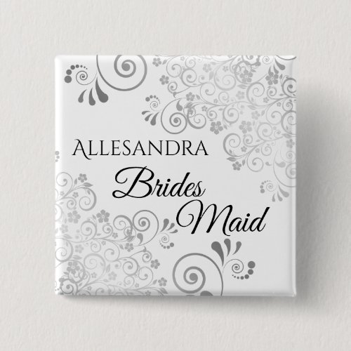 Wedding Bridesmaid Name Tag Silver Curly Frills Button