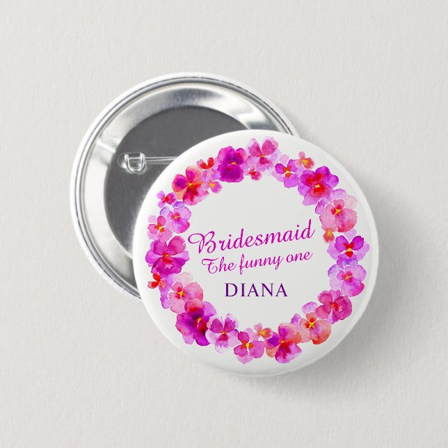 Wedding bridesmaid pansy pink flower custom name button (Front & Back)