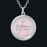 Wedding Bridesmaid Personalized Vintage Pink Dress Silver Plated Necklace<br><div class="desc">Pretty Bridesmaid pink vintage wedding dress, featuring a cute pink whimsical bridesmaid, a wedding bridal party gift idea, a cute whimsical pink dress gown, a stylish trendy calligraphy script, a vintage girly feminine style a gift for bridesmaid from bride, a bridal shower bachelorette party favor, a custom customized personalized jewelry,...</div>