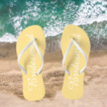 Wedding Bridesmaid Trendy Butter Yellow Flip Flops<br><div class="desc">Gift your wedding bridesmaids with these stylish bridesmaid flip flops that are a trendy,  buttercup yellow color along with white,  stylized script to complement your similar wedding color scheme. Select foot size along with other options. You may customize your flip flops to change color to your desire.</div>