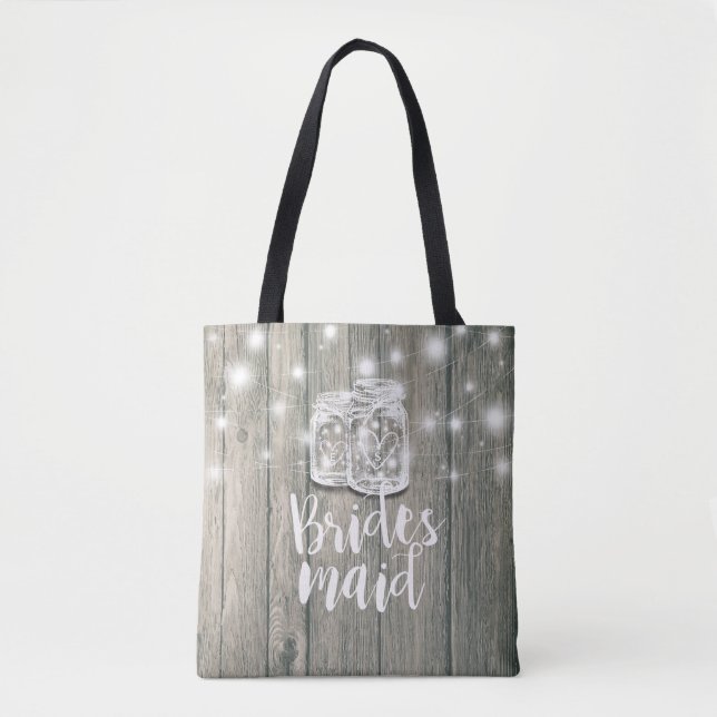 Wedding Bridesmaid Wood Mason Jars & String Lights Tote Bag (Front)