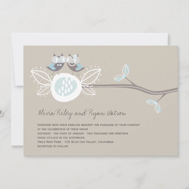 Wedding Brown Owls On Branch Whimsical Invitation (Front)