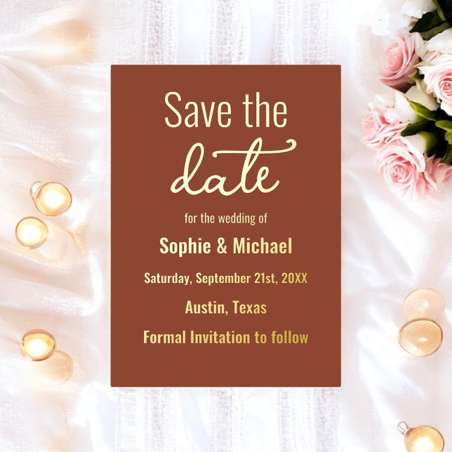 Wedding Brown Save the Date Terracotta Boho Foil Invitation (Creator Uploaded)