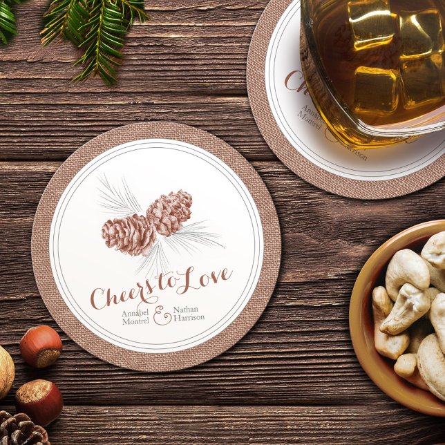Wedding brown winter pine cone cheers to love round paper coaster (Creator Uploaded)