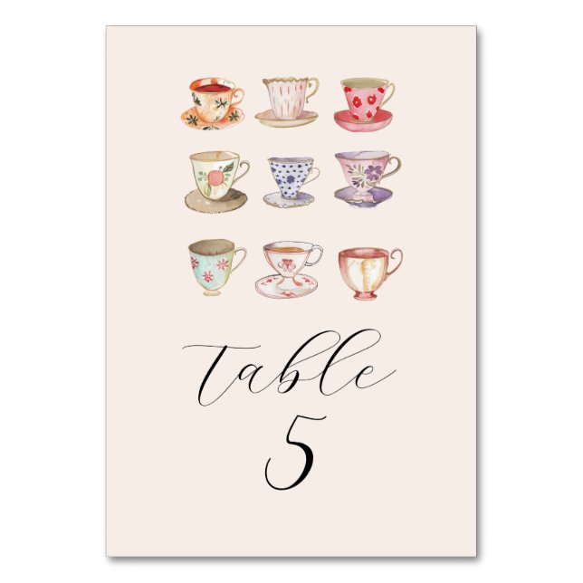 Wedding Brunch Bridal Shower Tea Cups Chinoiserie Table Number (Front)