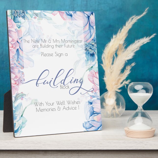 Wedding | Building Block BLue Pink Peonies Plaque (Side)