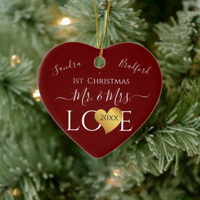 Wedding Burgandy Red Heart christmas Name Mr  Mrs Ceramic Ornament (Tree)
