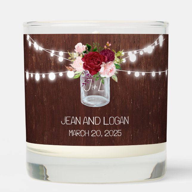 Wedding Burgundy and Blush Pink Mason Jar Scented Candle (Front)
