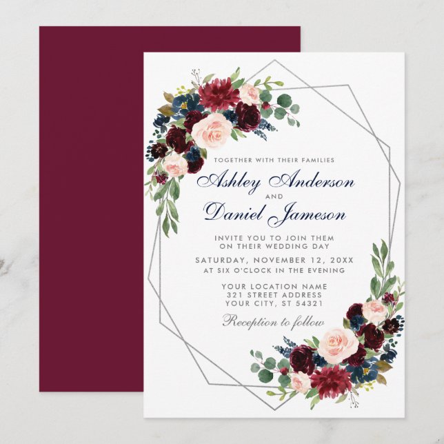 Wedding Burgundy Blue Floral Geometric Silver Invitation (Front/Back)