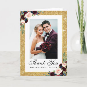 Wedding Burgundy Blue Floral Gold Glitter Fold Thank You Card