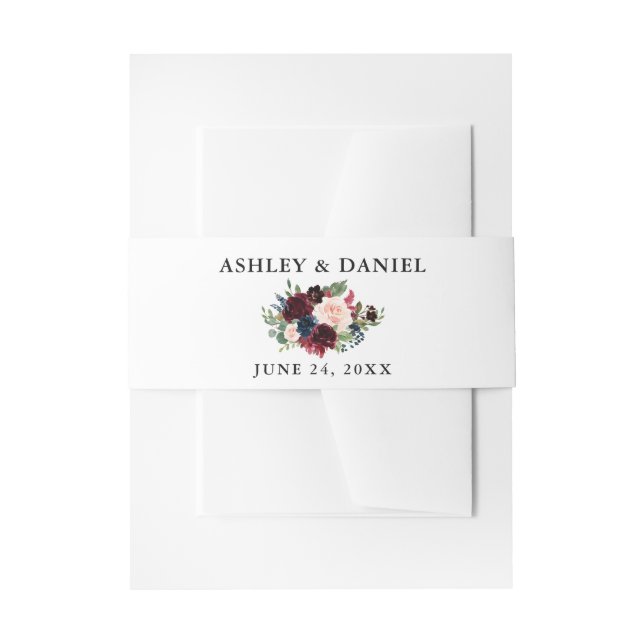 Wedding Burgundy Blue Floral Invitation Belly Band (Front Example)