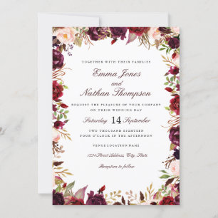 Wedding Burgundy Blush Floral Watercolor Invitation