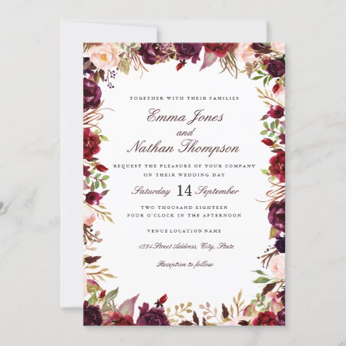 Wedding Burgundy Blush Floral Watercolor Invitation