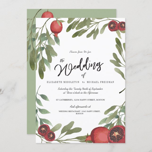 Wedding Burgundy Botanical Boho  Greenery Invitation (Front/Back)