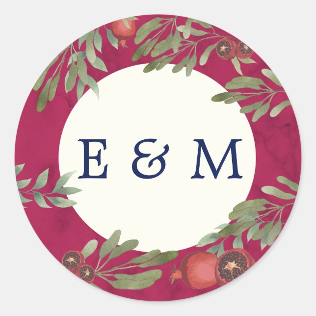 Wedding Burgundy Botanical Greenery Monogram Classic Round Sticker (Front)