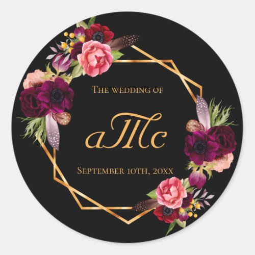 Wedding burgundy floral black monogram initials classic round sticker