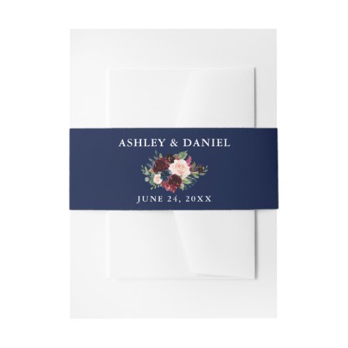 Wedding Burgundy Floral Blue Invitation Belly Band