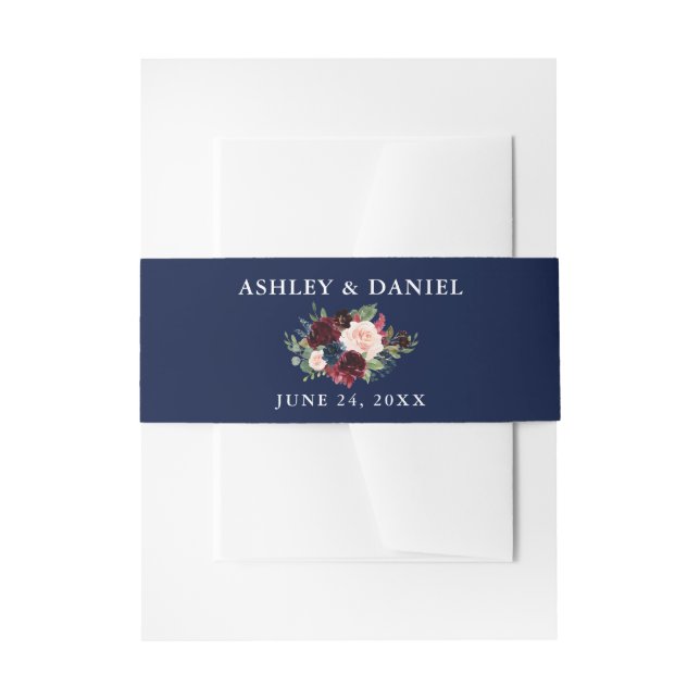 Wedding Burgundy Floral Blue Invitation Belly Band (Front Example)