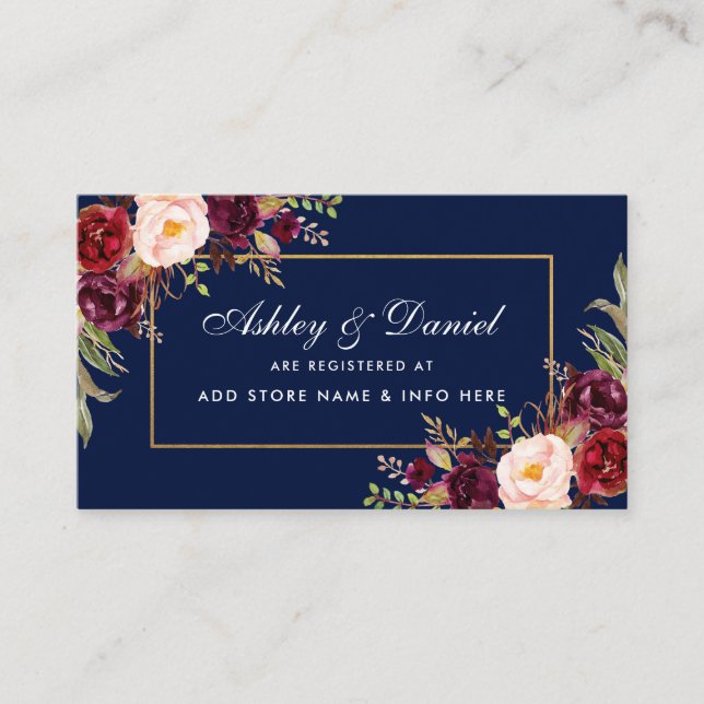 Wedding Burgundy Floral Blue Registry Insert Card (Front)