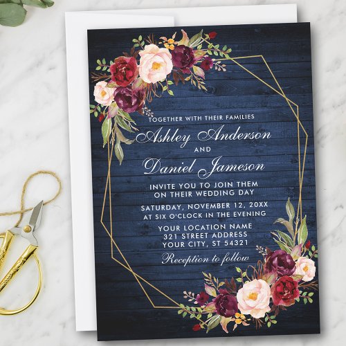 Wedding Burgundy Floral Blue Wood Geometric Gold Invitation