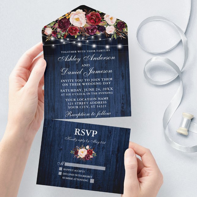 Wedding Burgundy Floral Blue Wood Lights All In One Invitation (All In One Wedding Invitation with tear off RSVP Card)