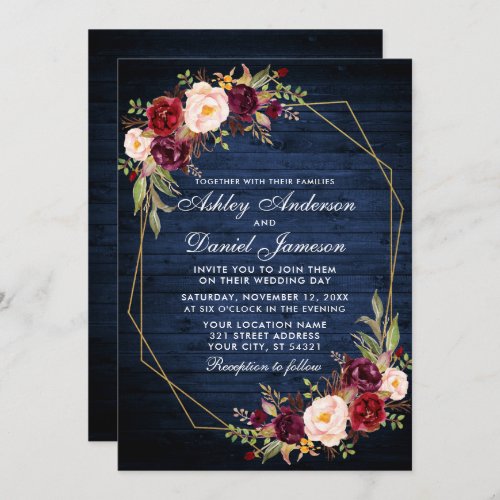 Wedding Burgundy Floral Blue Wood Photo Geometric Invitation