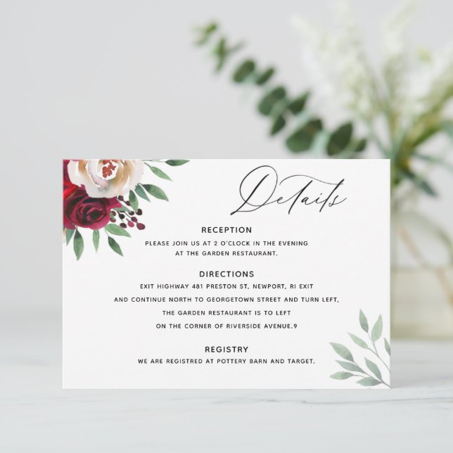 Wedding Burgundy Floral Details Card (Standing Front)