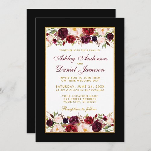 Wedding Burgundy Floral Elegant Black Gold Frame Invitation