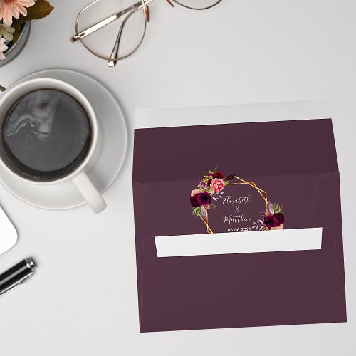 Wedding burgundy floral geometric gold cassis envelope