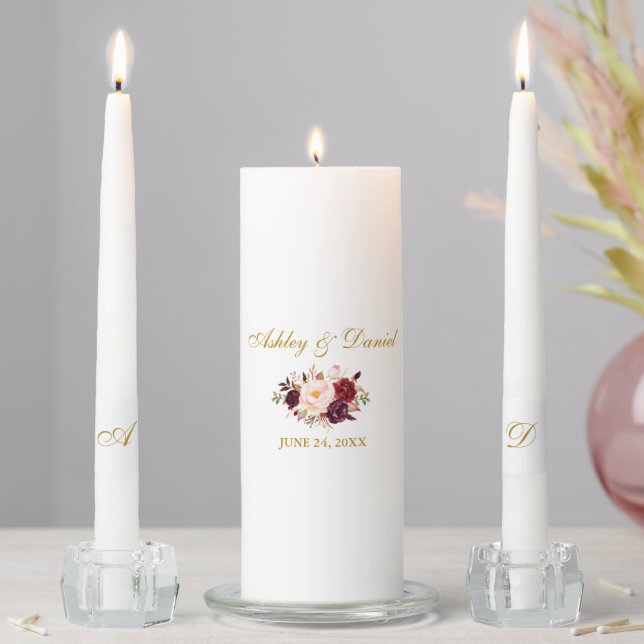 Wedding Burgundy Floral Gold Bride Groom Unity Candle Set (In Situ)