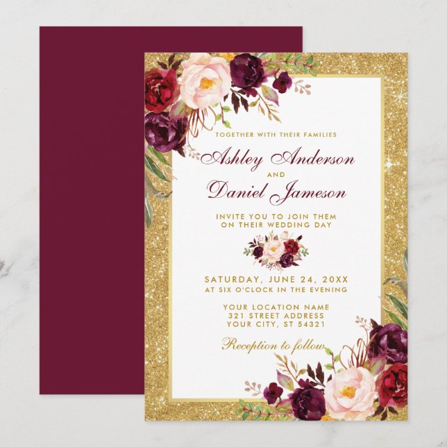 Wedding Burgundy Floral Gold Glitter Invitation B (Front/Back)