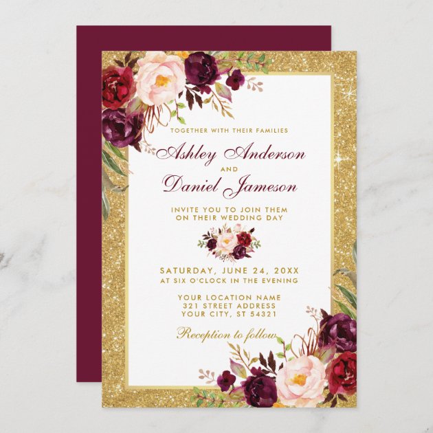 Wedding Burgundy Floral Gold Glitter Invitation B | Zazzle