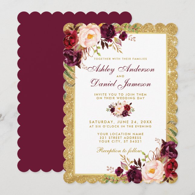 Wedding Burgundy Floral Gold Glitter Invitation S (Front/Back)