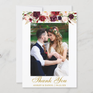 Wedding Burgundy Floral Photo Gold Thank You Card