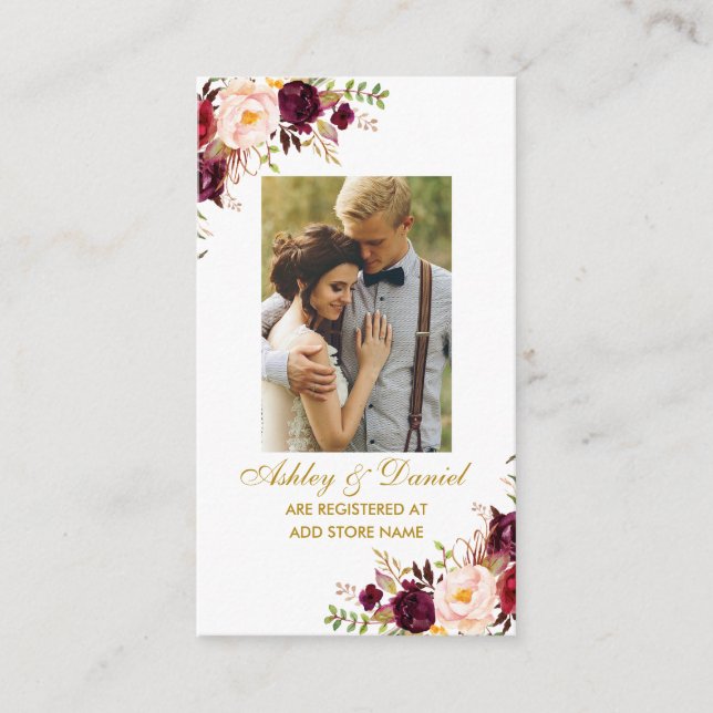 Wedding Burgundy Floral Photo Registry Insert Card (Front)