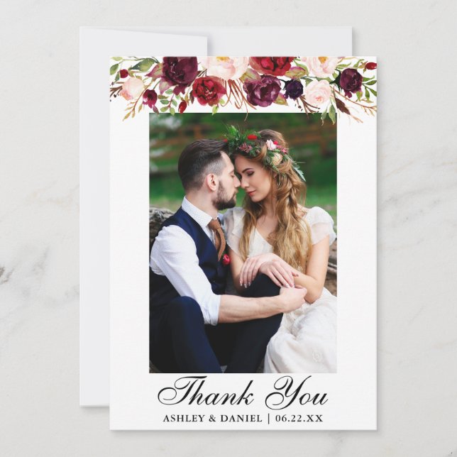 Wedding Burgundy Floral Photo Thank You Card (Front)