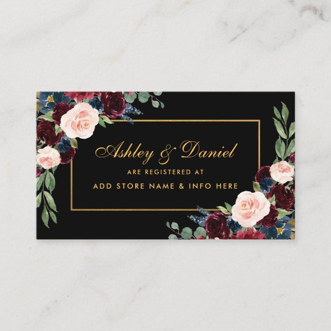 Wedding Burgundy Floral Registry Black Insert Card (Front)