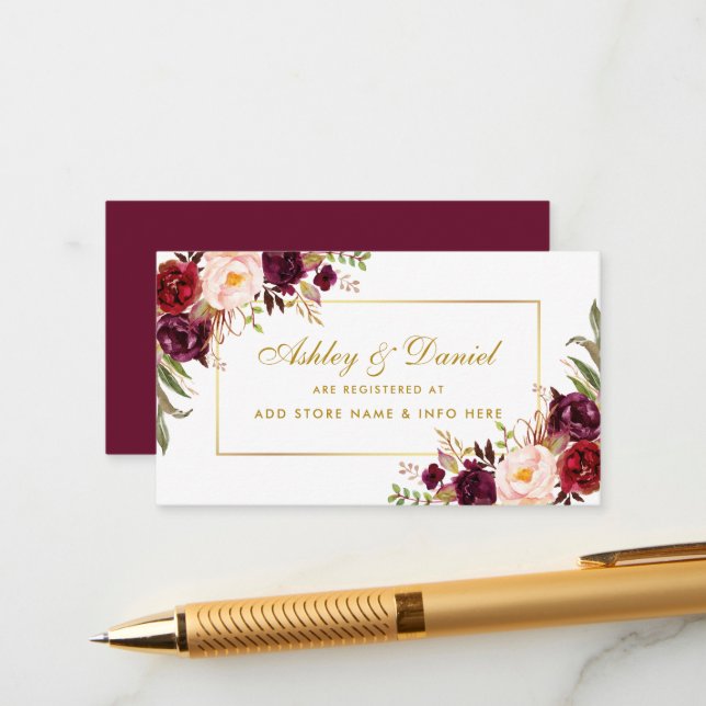 Wedding Burgundy Floral Registry Insert Card B (Front/Back In Situ)