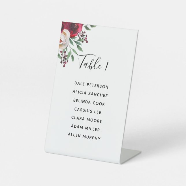 Wedding Burgundy Floral Seating Chart Pedestal Sign (Front)