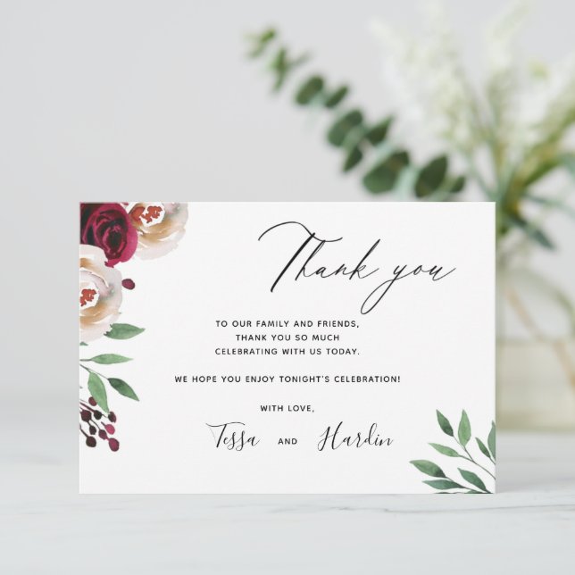 Wedding Burgundy Floral Thank You Card (Standing Front)