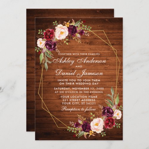 Wedding Burgundy Floral Wood Geometric Gold Frame Invitation