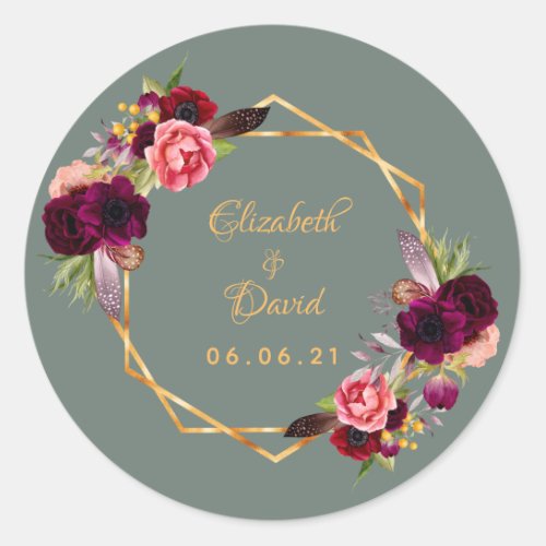 Wedding burgundy florals gold geometric sage green classic round sticker