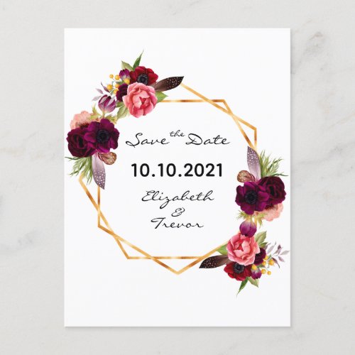 Wedding burgundy florals rose gold save the date announcement postcard