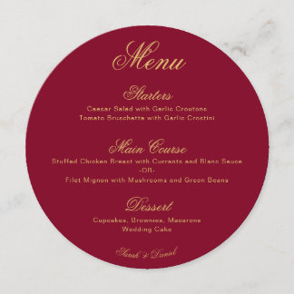 Wedding Burgundy Gold Simple Calligraphy Red Round Menu