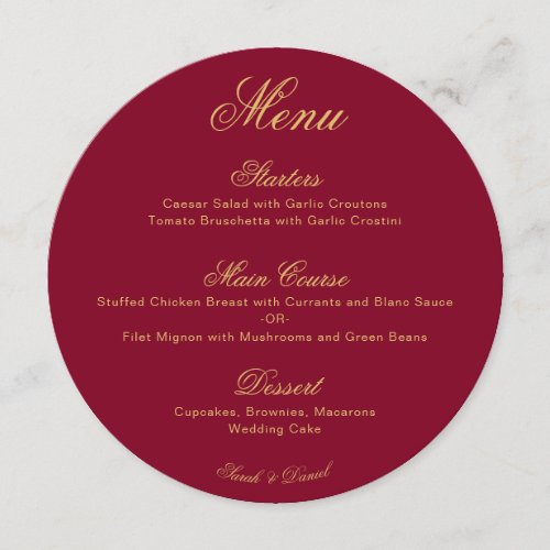 Wedding Burgundy Gold Simple Calligraphy Red Round Menu