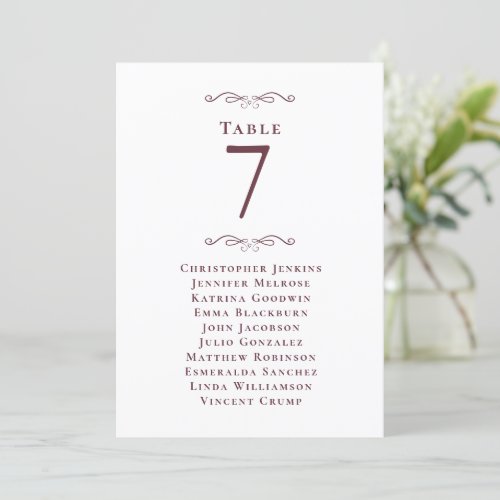 Wedding Burgundy Guest Seating List Table Number